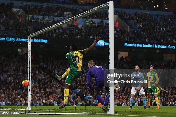 Cameron Jerome of Norwich City scores his team's first goal during the Barclays Premier League match between Manchester City and Norwich City at...