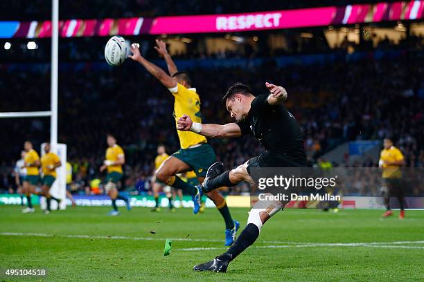 Dan Carter of New Zealand scores a conversion during the 2015 Rugby World Cup Final match between New Zealand and Australia at Twickenham Stadium on...