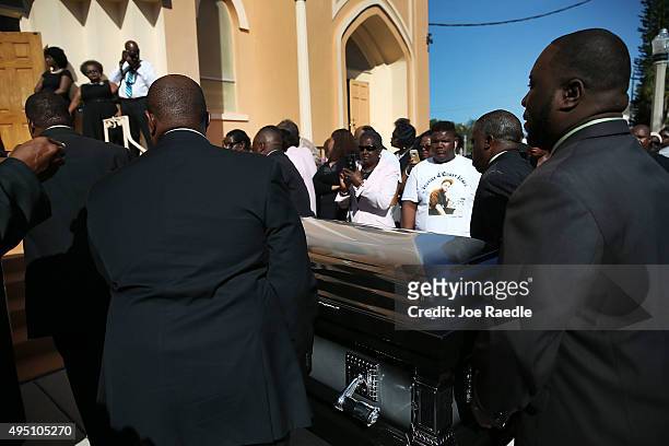 The casket of Corey Jones arrives at the the Payne Chapel AME church on October 31, 2015 in West Palm Beach, Florida. The 31 year old was shot and...