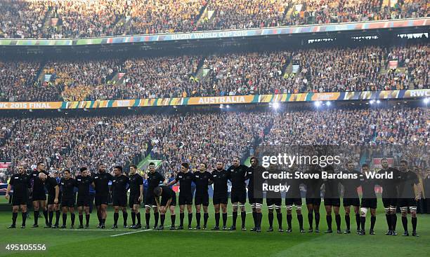 General view of the New Zealand All Blacks team lining up for the national anthems prior to the 2015 Rugby World Cup Final match between New Zealand...