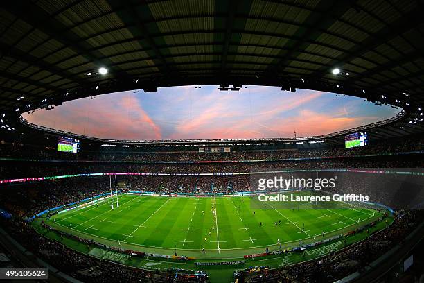General view of Twickenham stadium during the 2015 Rugby World Cup Final match between New Zealand and Australia at Twickenham Stadium on October 31,...