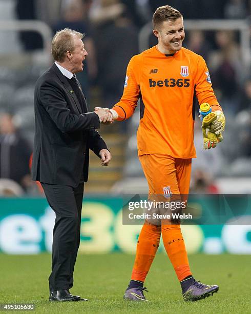 Steve McClaren manager of Newcastle United shakes hands with Jack Butland of Stoke City after the scoreless draw in the Barclays Premier League match...