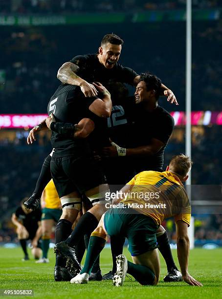 New Zealand celebrate their second try scored by Ma'a Nonu of New Zealand during the 2015 Rugby World Cup Final match between New Zealand and...