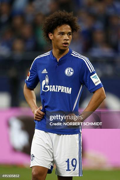 Schalke's midfielder Leroy Sane reacts during the German first division Bundesliga football match FC Schalke 04 vs FC Ingolstadt 04 in Gelsenkirchen,...