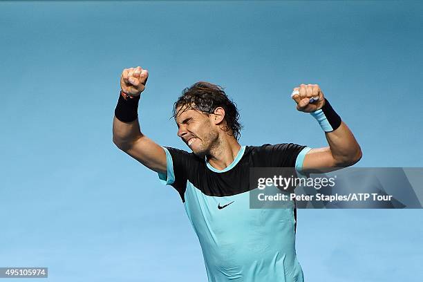 Rafa Nadal of Spain celebrates his win over Richard Gasquet of France at the Swiss Indoors Basel at St. Jakobshalle on October 31, 2015 in Basel,...
