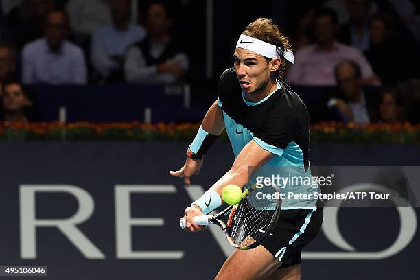 Rafa Nadal of Spain in action in his win against Richard Gasquet of France at the Swiss Indoors Basel at St. Jakobshalle on October 31, 2015 in...