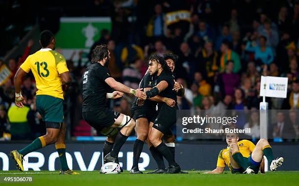 Ma'a Nonu of New Zealand celebrates scoring his team's second try during the 2015 Rugby World Cup Final match between New Zealand and Australia at...