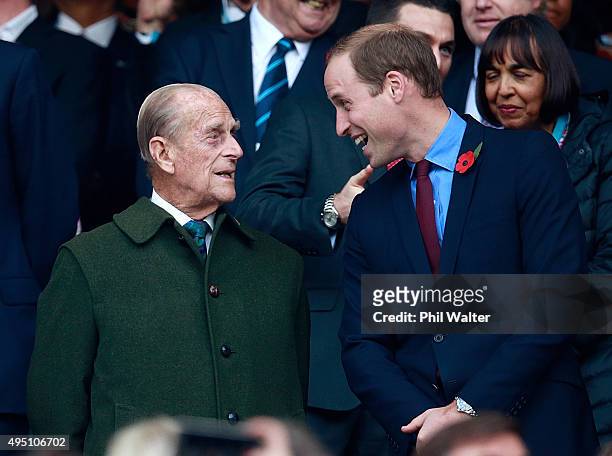 Prince Phillip and Prince William enjoy the build up to the 2015 Rugby World Cup Final match between New Zealand and Australia at Twickenham Stadium...