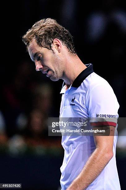 Richard Gasquet of France looks dejected after missing a point during the sixth day of the Swiss Indoors ATP 500 tennis tournament against Rafael...