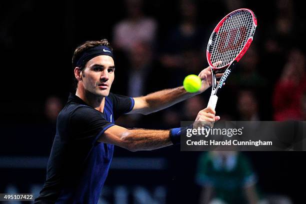 Roger Federer of Switzerland in action during the sixth day of the Swiss Indoors ATP 500 tennis tournament against Jack Sock of US at St Jakobshalle...