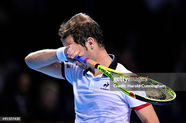 Richard Gasquet of France looks dejected after missing a point during the sixth day of the Swiss Indoors ATP 500 tennis tournament against Rafael...