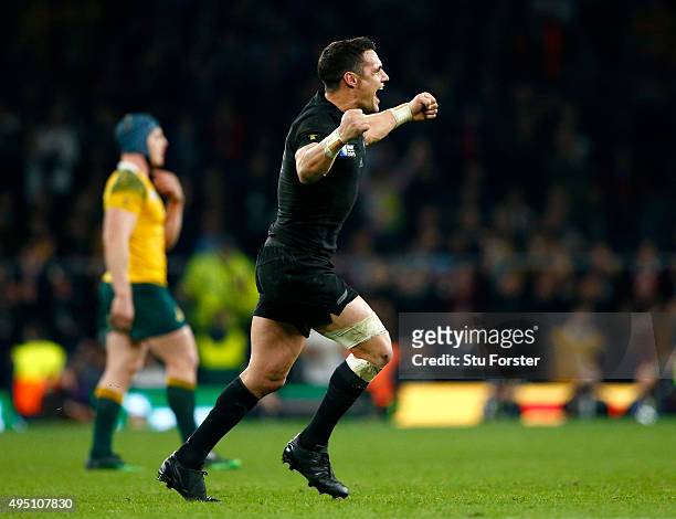 Dan Carter of New Zealand celebrates victory after the final whistle during the 2015 Rugby World Cup Final match between New Zealand and Australia at...