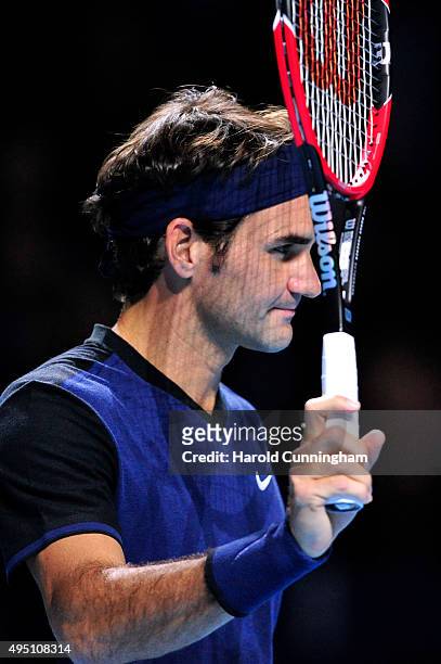 Roger Federer of Switzerland looks on during the sixth day of the Swiss Indoors ATP 500 tennis tournament against Jack Sock of US at St Jakobshalle...