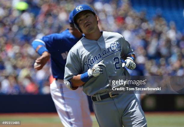 Norichika Aoki of the Kansas City Royals grounds out in the first inning during MLB game action against the Toronto Blue Jays on June 1, 2014 at...