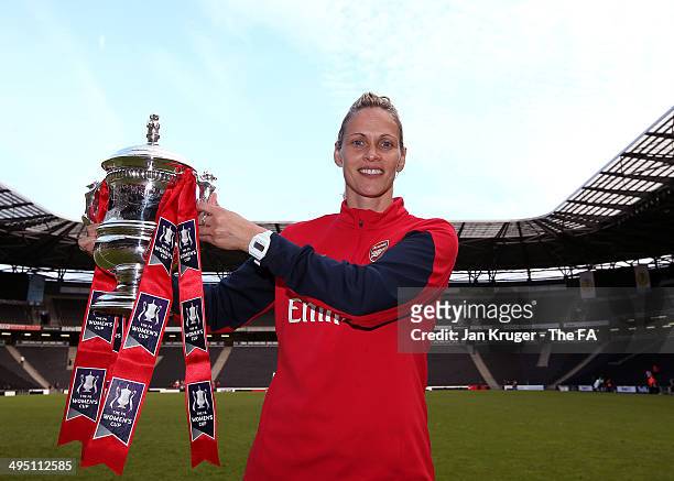 Manager of Arsenal Ladies Shelley Kerr poses with the trophy during the FA Women's Cup final between Everton Ladies and Arsenal Ladies at Stadium mk...