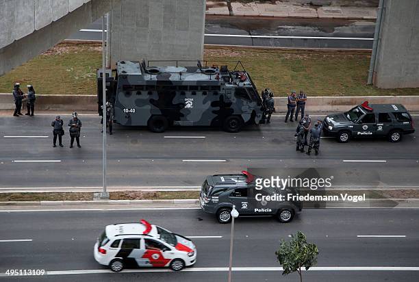 General view of police before the match between Corinthians and Botafogo for the Brazilian Series A 2014 at Arena Corinthians on June 1, 2014 in Sao...