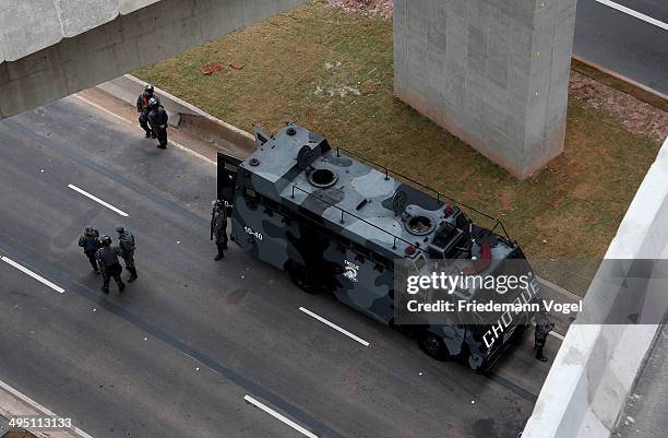 General view of police before the match between Corinthians and Botafogo for the Brazilian Series A 2014 at Arena Corinthians on June 1, 2014 in Sao...