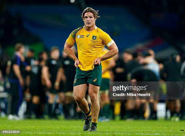 Michael Hooper of Australia shows his despair following defeat in the 2015 Rugby World Cup Final match between New Zealand and Australia at...