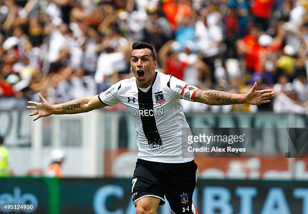 Esteban Paredes of Colo Colo celebrates after scoring the second goal of his team during a match between Colo Colo and U de Chile as part of...