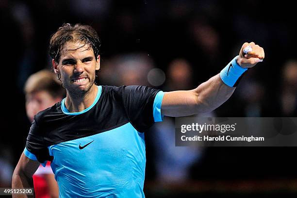 Rafael Nadal of Spain celebrates his victory during the sixth day of the Swiss Indoors ATP 500 tennis tournament against Richard Gasquet of France at...