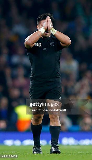 Keven Mealamu of New Zealand celebrates his team's victory in the 2015 Rugby World Cup Final match between New Zealand and Australia at Twickenham...