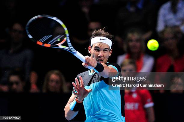 Rafael Nadal of Spain in action during the sixth day of the Swiss Indoors ATP 500 tennis tournament against Richard Gasquet of France at St...