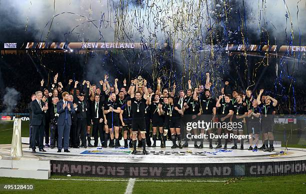 Richie McCaw of New Zealand lifts the trophy during the 2015 Rugby World Cup Final match between New Zealand and Australia at Twickenham Stadium on...