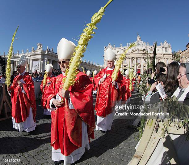 Pope Francis celebrating the mass on Palm Sunday in St Peter's Square. The bishops walk in procession. Vatican City, 29th March 2015