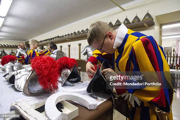 The members of the Swiss Guard getting ready for the Ceremony of Oath of the new recruits. Vatican City, 6th May 2015