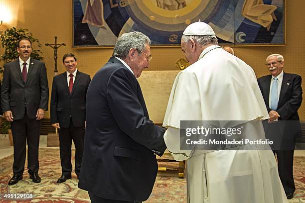 Pope Francis meeting Raul Castro, President of the Council of State and Ministers of Cuba, in the private study of Aula Paolo VI. Vatican City, 10th...