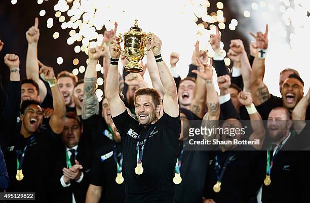 Captain Richie McCaw of New Zealand lifts the Webb Ellis Cup during the 2015 Rugby World Cup Final match between New Zealand and Australia at...