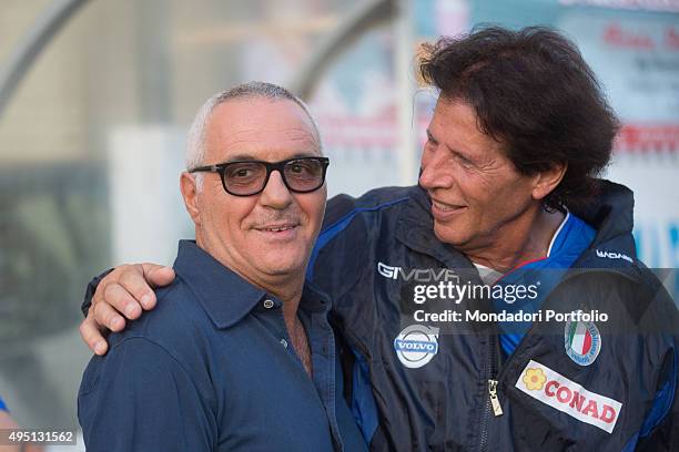 The showman Giorgio Panariello and the singer Sandro Giacobbe during the Partita del Cuore between the Nazionale Italiana Cantanti and the Versilia...