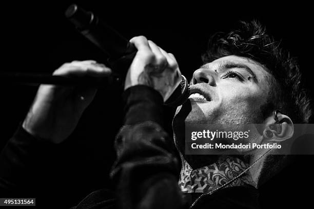 Close-up of Italian rap singer-songwriter Fedez in concert at Mediolanum Forum in Assago. Milan , 21st March 2015