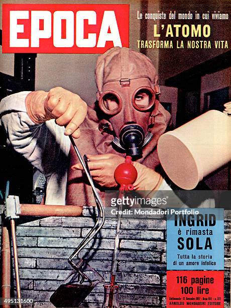 Cover of the weekly magazine Epoca dedicated to the conquests of our time: The atom that changes our lives, with the image of a scientist wearing a...