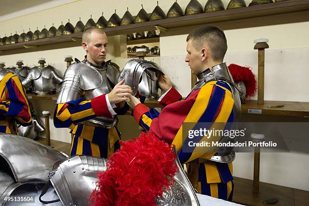 The Swiss Guard preparing for the Oath of new recruits. The guards wear their armours. Vatican City, 6th May 2015