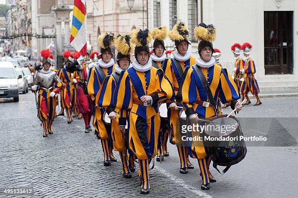 The Swiss Guard preparing for the Oath of new recruits. The guards walk on a parade. Vatican City, 6th May 2015