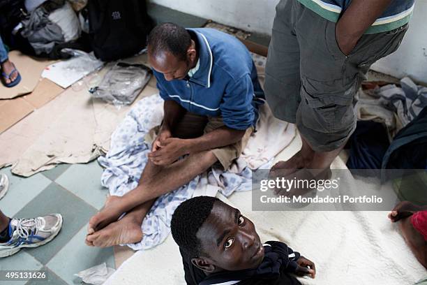 Migrants camping out at Ventimiglia railway station. Dozens of African migrants stand between France and Italy since many days, waiting on the French...