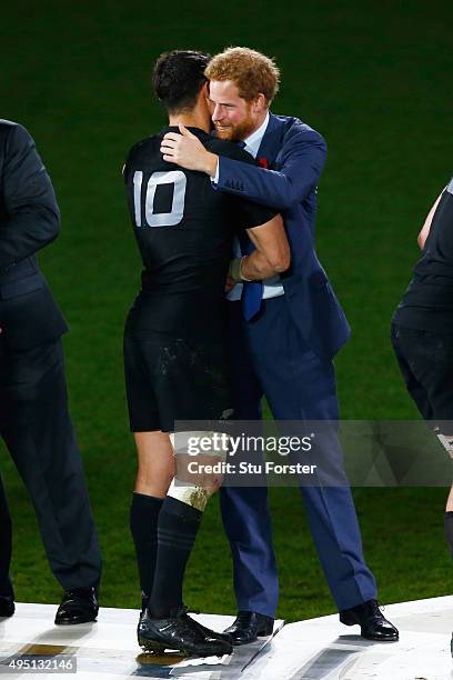 Dan Carter of New Zealand is congratulated by Prince Harry after victory in the 2015 Rugby World Cup Final match between New Zealand and Australia at...