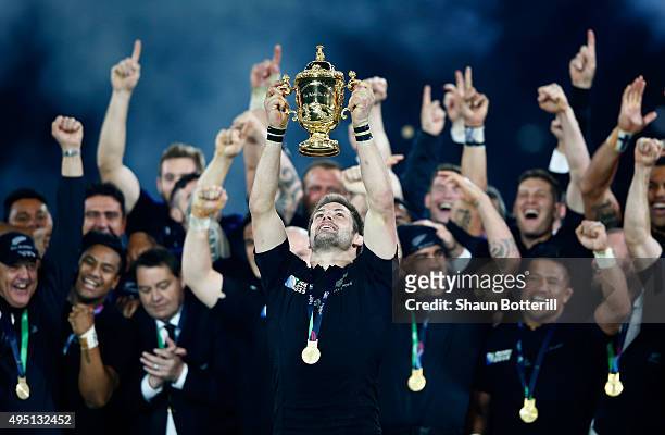 Richie McCaw of New Zealand lifts the Webb Ellis Cup during the 2015 Rugby World Cup Final match between New Zealand and Australia at Twickenham...