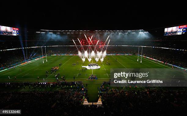 General view of Twickenham stadium as fireworks go off as Richie McCaw of the New Zealand All Blacks lifts the Webb Ellis Cup following the victory...