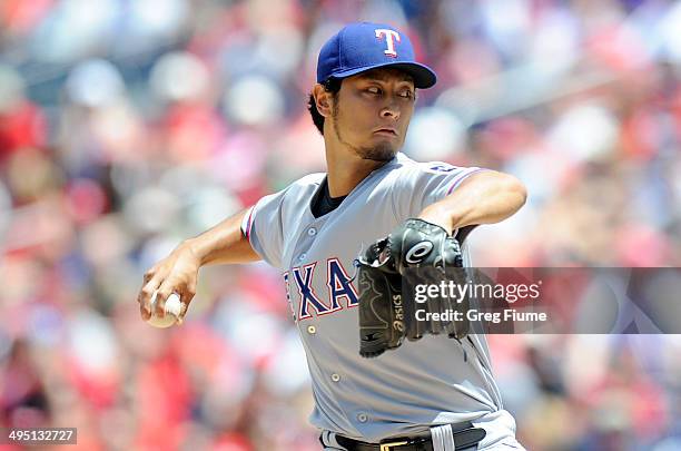 Yu Darvish of the Texas Rangers pitches in the first inning against the Washington Nationals at Nationals Park on June 1, 2014 in Washington, DC.