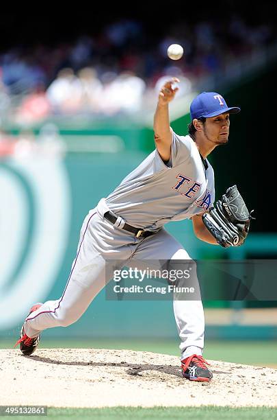 Yu Darvish of the Texas Rangers pitches in the second inning against the Washington Nationals at Nationals Park on June 1, 2014 in Washington, DC.