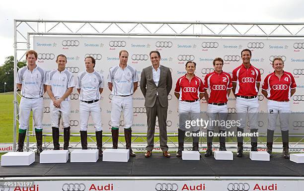 Prince Harry, Mark Tomlinson, Gaston Laulhe and Prince William, Duke of Cambridge of Team Audi quattro, Andre Konsbruck, Director of Audi UK, and...