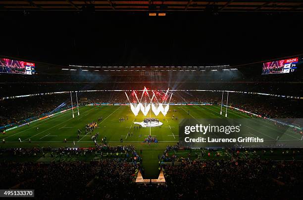 General view of Twickenham stadium as fireworks go off as Richie McCaw of the New Zealand All Blacks lifts the Webb Ellis Cup following the victory...