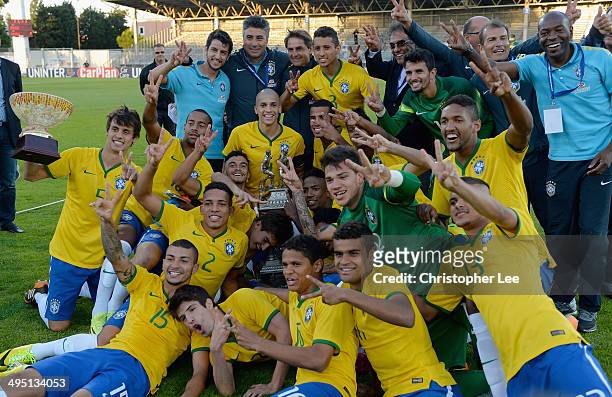 Brazil celebrate their victory with the trophy during the Final of the Toulon Tournament between France and Brazil at the Parc des Sports Avignon on...
