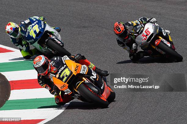 Simone Corsi of Italy and NGM Forward Racing leads the field during the Moto2 race during the MotoGp of Italy - Race at Mugello Circuit on June 1,...