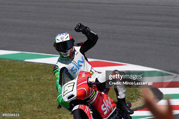 Romano Fenati of Sky Racing Team by VR46 celebrates the victory at the end of the Moto3 race during the MotoGp of Italy - Race at Mugello Circuit on...