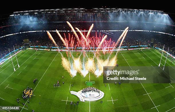 General view of Twickenham stadium of the fireworks as Richie McCaw of the New Zealand All Blacks lifts the Webb Ellis Cup following the victory...