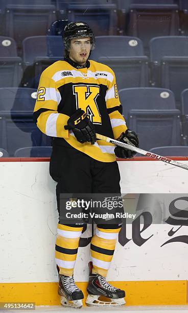 Juho Lammikko of the Kingston Frontenacs warms up prior to an OHL game against the Niagara IceDogs at the Meridian Centre on October 24, 2015 in St...