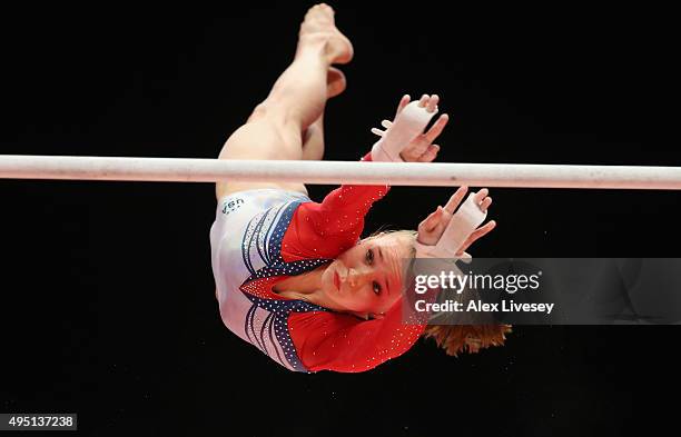 Daria Spiridonova of Russia wins Gold in the Uneven Bars during day nine of the 2015 World Artistic Gymnastics Championships at The SSE Hydro on...